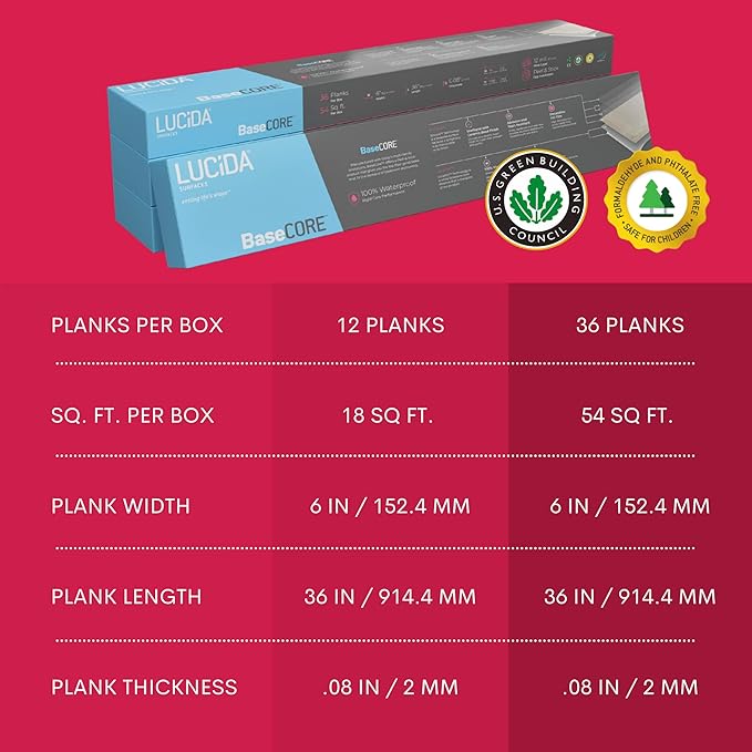 LUCiDA SURFACES Luxury Vinyl Floor Tiles-Peel & Stick Adhesive Flooring for DIY Installation-36 Wood-Look Planks-BaseCore-54 Sq. Feet