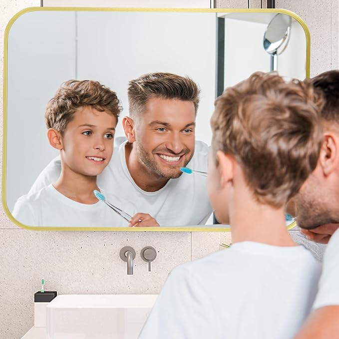 48x30 Inch Gold Mirror, Framed Rectangle Mirror with Rounded Corner, Brushed Brass Mirror, Gold Bathroom Mirror for Over Sink, Vanity, Living Room, Bedroom, Horizontal/Vertical