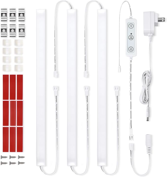 Litever Under Cabinet Lights Plug in, 3 pcs 12 Inches LED Light Strips. Super Bright Dimmable. for Kitchen Counter Top Shelf Workbench Closet Display Bookshelf Lighting. Cool White 4000K