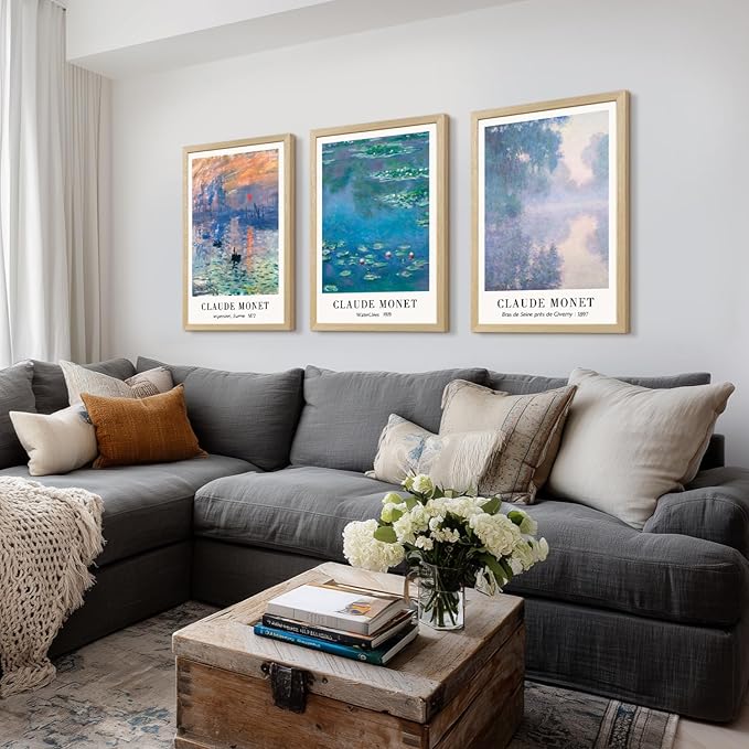 LLEEMPI Claude Monet Water Lilies Wall Art Set of 3, Maritime Sunrise Wall Decor, Vintage Aesthetic Botanical Canvas Prints, Classic Minimalist Poster Prints for Bedroom Office Wood Framed 16x24 Inch