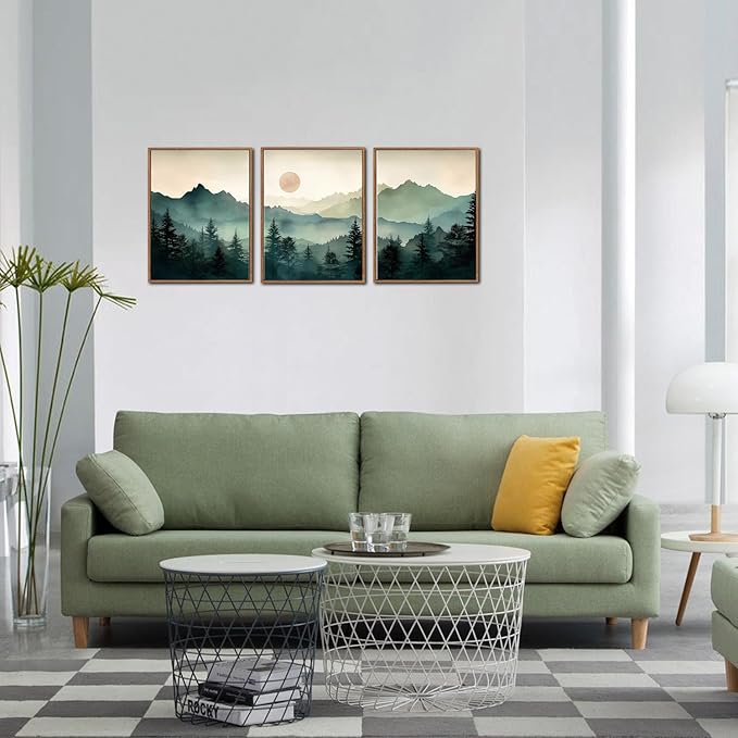 LHIUEM Boho Mountain Framed Canvas Set Forest Pine Tree Decor Mountain Cabin Framed Art Nature Sunrise Wilderness Landscape Art Painting Boho Decor Wall for Living Room Bedroom Dining Room Office
