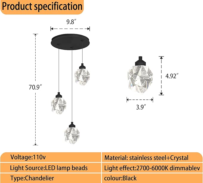 Black Pendant Light Dimmable LED 3-Light Modern Pendant Light Kitchen Island Dining Room Bar