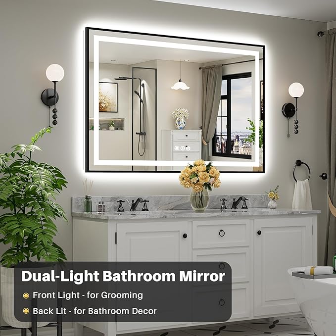 60x40 Inch LED Bathroom Mirror with Black Frame, Backlit & Front Lit, Anti-Fog Lighted Bathroom Vanity Mirror for Wall, Memory Function, Dimmable, HD Tempered Glass, Shatter-Proof