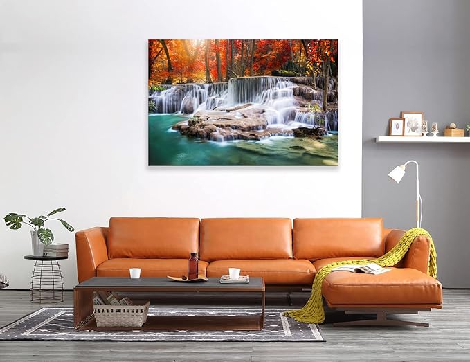 Aibonnly Wall Art Canvas Painting Red Forest Waterfalls 1 Piece Modern Landscape Tree Picture Poster Print Framed and Stretched Ready to Hang for Living Room Bedroom Kitchen Office Home Decor