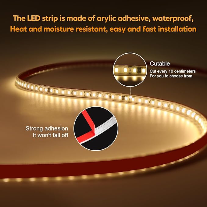 LED Strip Lights Waterproof White LED Strip AC 110V Rope Light 3 Meter with US Plug 9.84 Feet Outdoor Lights 120 LEDs/M Adhesive Tape Lighting 4000K for Bedroom Under Cabinet Lighting