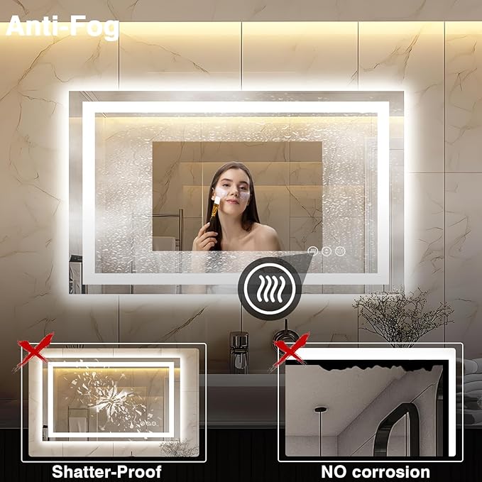 40"x24" LED Bathroom Mirror, Front and Backlit, Anti-Fog Bathroom Vanity Mirror, Stepless Dimmable Lighted, 3 Colors Smart Mirror (Horizontal/Vertical)