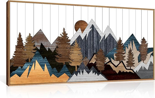 CHDITB Framed Wood Mountain Wall Art, 20"x40" Large Country Woodcut Style Wall Decor, Rustic Forest Nature Wall Painting, Modern Canvas Art Prints for Living Room, Bedroom, Farmhouse, Office