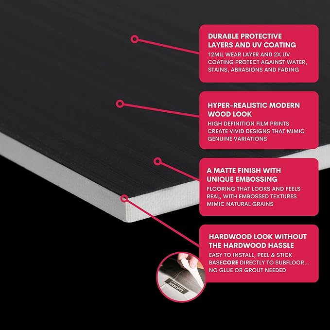 LUCiDA SURFACES Luxury Vinyl Flooring Tiles-Peel and Stick Floor Tile for DIY Installation-36 Wood-Look Planks-Nero-Black-BaseCore-54 Sq. Feet