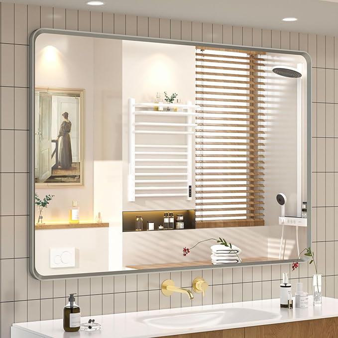 OKPAL Brushed Nickel Mirror 40 x 30 Inch Large Silver Bathroom Mirror for Over Sink, Rounded Rectangle Farmhouse Vanity Mirror with Metal Frame, HD Tempered Glass Wall Mirror(Horizontal/Vertical)