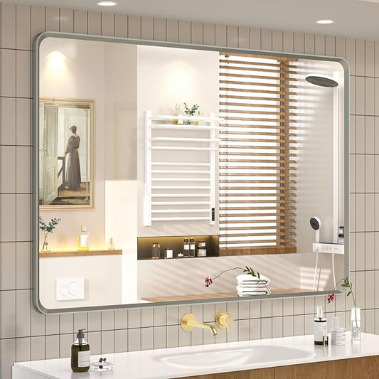 OKPAL Brushed Nickel Mirror 40 x 30 Inch Large Silver Bathroom Mirror for Over Sink, Rounded Rectangle Farmhouse Vanity Mirror with Metal Frame, HD Tempered Glass Wall Mirror(Horizontal/Vertical)
