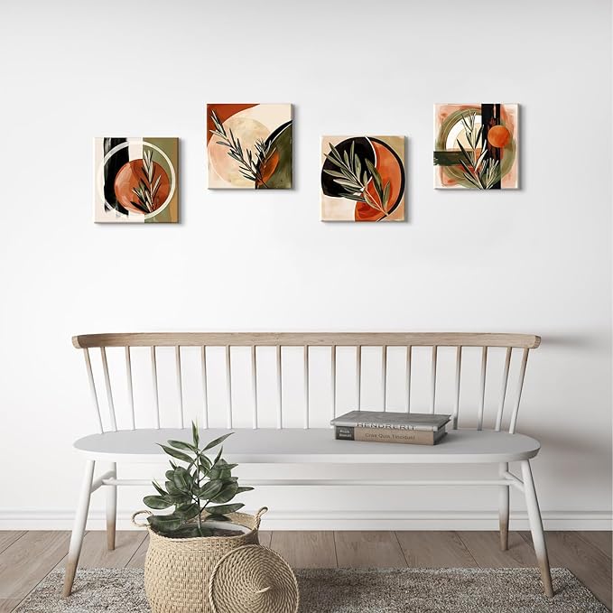 Boho Wall Art Beige Orange Mid Century Modern Wall Decor for Bedroom Abstract Geometric Canvas Painting Bathroom Green Plant Rosmary Minimalist Picture Artwork Living Room Home Decorations 12x12" 4P