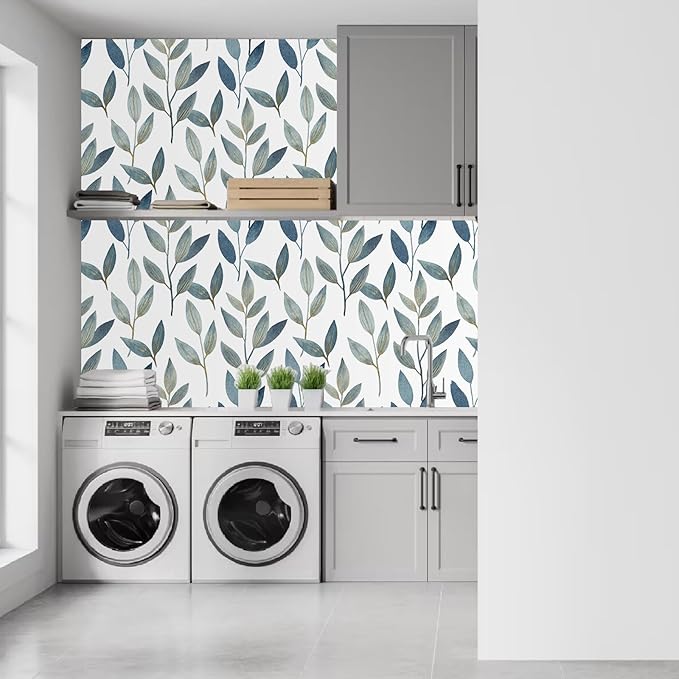 Blue and Gold Leaf Peel and Stick Wallpaper Waterproof Removable Self Adhesive Vinyl Contact Paper for Walls Boho Modern Decor for Bathroom Bedroom or Living Room 17.7" x 70.8"