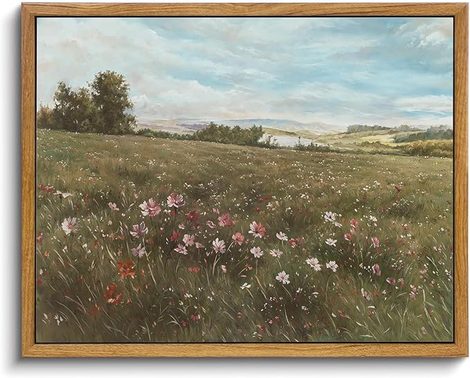 KISSFOX Vintage Landscape Canvas Wall Art Farmhouse Colorful Wildflower Meadow Framed Wall Art Summer Natural Serene Countryside Paintings Artwork Rustic Art Prints For Bedroom Bathroom Living Room