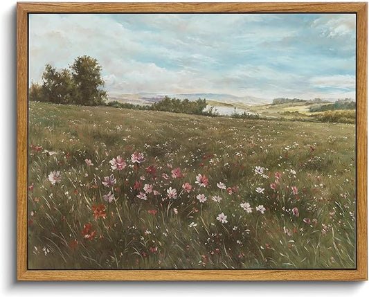 KISSFOX Vintage Landscape Canvas Wall Art Farmhouse Colorful Wildflower Meadow Framed Wall Art Summer Natural Serene Countryside Paintings Artwork Rustic Art Prints For Bedroom Bathroom Living Room