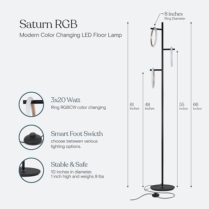 Brightech Saturn Modern Color Changing Floor Lamp - Tall Tree LED Lamp Perfect for Living Room Decor - Beautiful RGB Color Gradient and 3 LED Lights for Bedroom, Office, Reading - Black