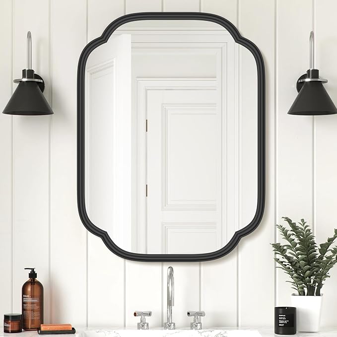 Black Bathroom Mirror for Wall, 18" x 24" Rectangular Wall Mirror for Bathroom Metal Frame Farmhouse Rounded Corner Wall Mirror (Horizontal/Vertical)