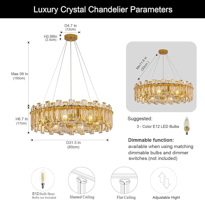 Modern Luxury K9 Crystal Chandelier 10-Lights Gold Round Pendant Light Easy Install Ceiling Hanging Light Fixture for Dining Living Room Kitchen Island Entryway Foyer D31.5