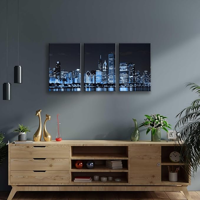 NAN Wind Chicago City Center Skyline Canvas Prints Modern Office Decor Chicago Skyline Canvas Art Cityscape Wall Decorations Blue Wall Decor for Living Room Pictures for Bedroom Decorations