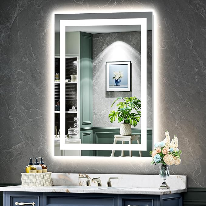 24x36 Inch LED Bathroom Mirror with Lights Front and Backlit Lighted Vanity Mirror for Bathroom Wall with 3 Colors Dimmable Anti-Fog Memory Shatter-Proof IP54 Waterproof Horizontal/Vertical