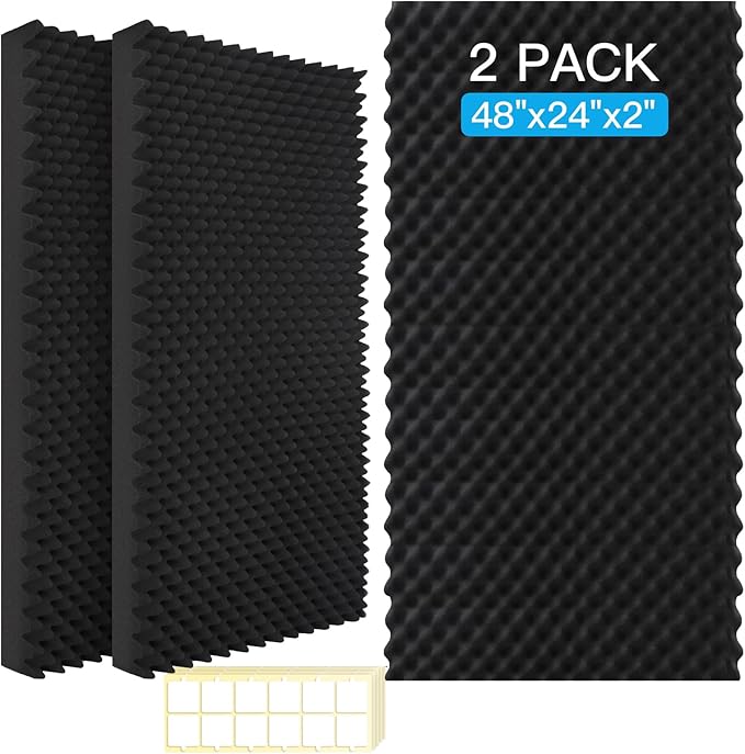 2 Pack Acoustic Panels, 48x24x2” Egg Crate Soundproof Foam Wall Panels High Density Noise Canceling Studio Foam Wall Panels for Echo Absorption Home Office (Black 2 Pack, 48"x24"x2")