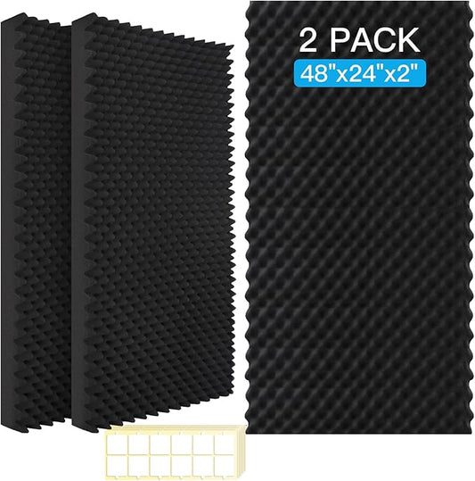 2 Pack Acoustic Foam Panels,48X24X2 Inchs Egg Crate Foam, Soundproof Foam Wall Panels,Studio Foam Panel,High Density Fireproof Noise Foam (Black -2 PCS, 48X24X2 Inchs)
