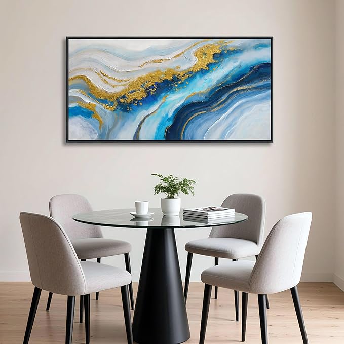 Abstract Canvas Blue Wall Art for Living Room - Modern Gold Wall Art, Office Wall Decor, Above Bed Wall Decor, Large Pictures for Bedroom Framed Artwork for Walls 20×40IN