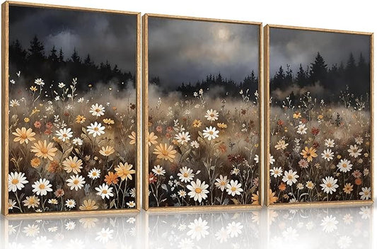 Moody Wildflower Framed Canvas Wall Art Set, Calming Nature Dark Floral Wall Decor, Boho Misty Forest Botanical Meadow Artwork Modern Landscape Print for Living Room,Bedroom-24 x36 x3