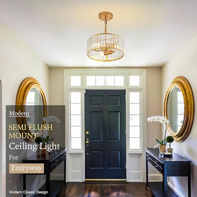 Modern Crystal Gold Chandelier for Dining Room,11.7 inch Semi Flush Mount Ceiling Dining Room Light Fixture with E12 Base*3,Round Pendant Lighting for Bedroom Hallway Bathroom Foyer Kitchen