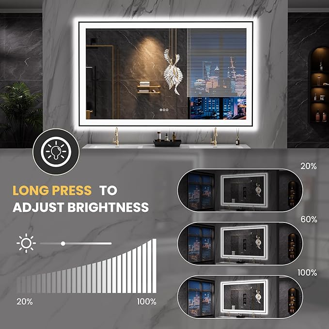 LOAAO 60"X36" LED Bathroom Mirror Black Framed, Anti-Fog, Dimmable, Lighted Bathroom Vanity Mirror for Wall, Memory Function, Tempered Glass