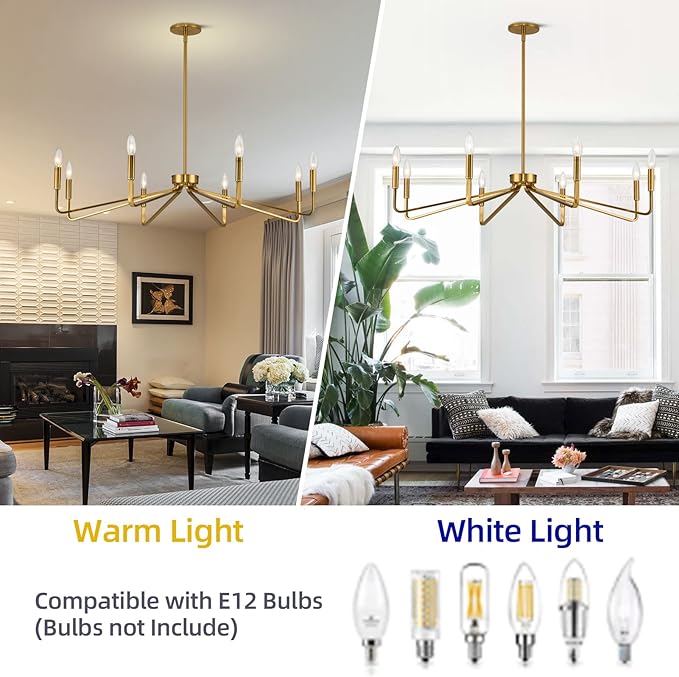 38" Gold Chandeliers for Dining Room, 8-Light Modern Farmhouse Chandelier Light Fixture, Brushed Brass Industrial Candle Lighting Hanging Ceiling for Living Room Bar Kitchen Island Lights