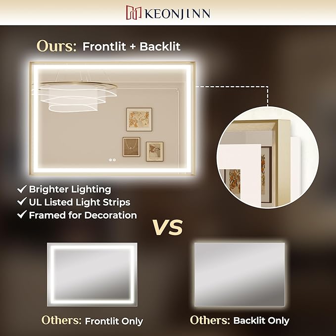 Keonjinn 28 x 36 Inch Gold LED Bathroom Mirror with Frontlit & Backlit, Lighted Mirrors for Bathroom Wall, UL Listed LED Driver, Tempered Glass, Metal Framed Beveled Edge, 3000K/4500K/6000K, Defogging