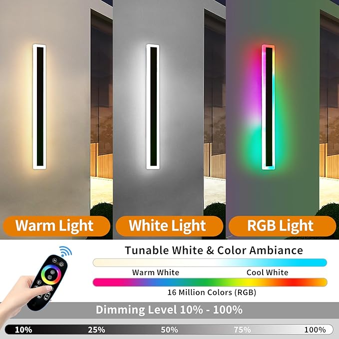Mikeru Modern Outdoor Light Fixture, 23.6inch Modern RGB Outdoor Wall Light 10%-100% Dimmable with Memory Function Long Outdoor Porch Lights Featuring Multiple Modes and 12 Colors for Patio Entryway