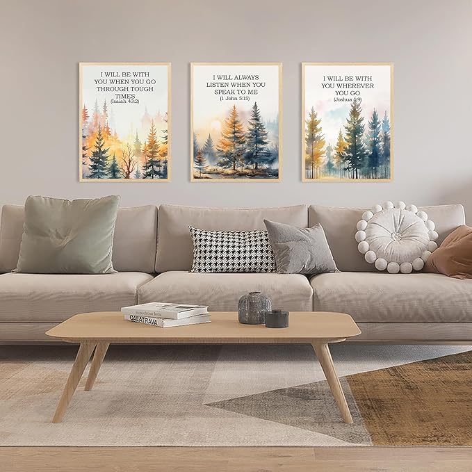 Christian Bible Wall Art Set of 3, Bible Verses Wall Decor Paintings, Religious Psalm Poster Canvas Prints, Vintage Forest Landscape Home Decoration for Living Room Bedroom 12x16 inch Wood Framed