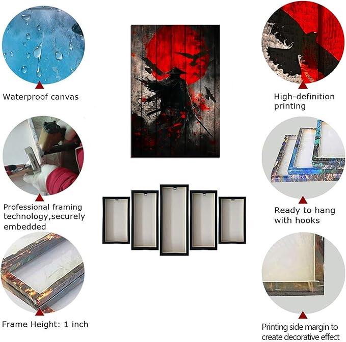 Japanese Samurai Retro Black and Red Atmosphere Asian Samurai Armor Red Moon Poster Canvas Wall Art Prints Bushido Poster Modern Home Decor Framed for Bedroom Living Room Office (24''W x 36''H)