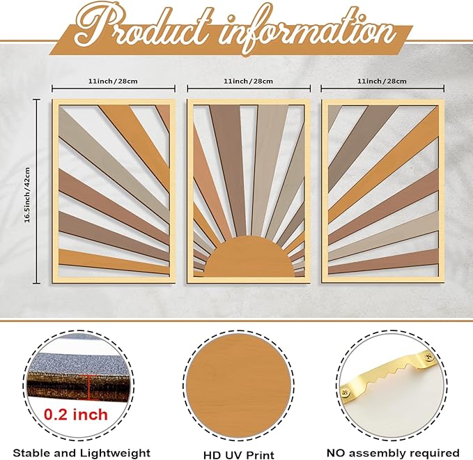 COLOR VALLEY ART Boho Wall Sculptures - Set of 3 Wood Wall Decor Pcs - Chic Sun Wall Artwork for Modern Home - 16.5"x33" Horizontal and Long Pictures for Wall Decor - Ideal for Living Room and Bedroom