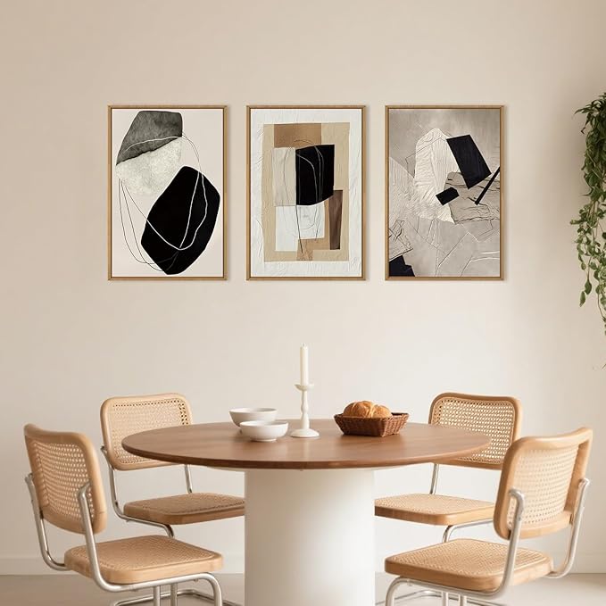 Abstract Modern Geometric Framed Canvas Wall Art Set,Neutral Tone Beige Black Brown Wall Decor,Minimalist Textured Line Shape Artwork for Living Room, Bedroom,Farmhouse-24 x36 x3