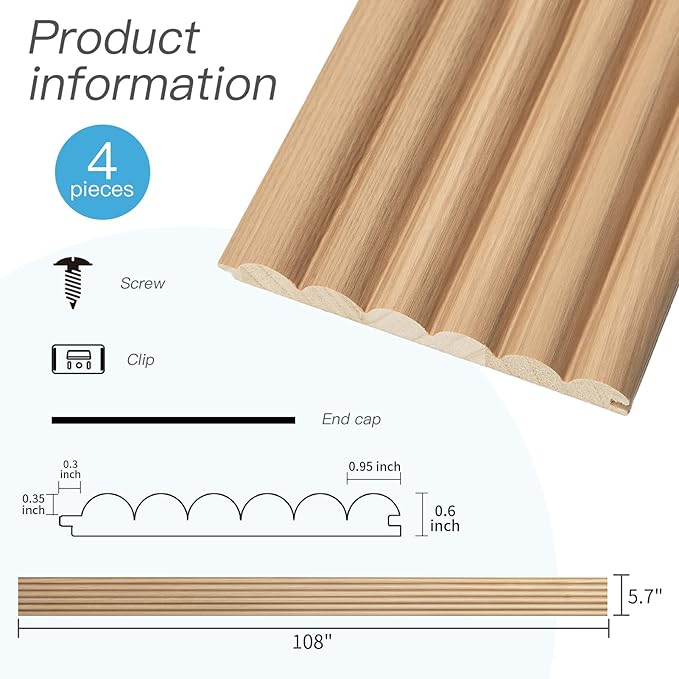 Art3d Fluted Wood Panel for Wall and Ceiling, Beaded Accent Molding for Home Decoration, Pack of 4pcs + 1pc End-Trim, Size 108 x 5.7in.- Beaded Oak