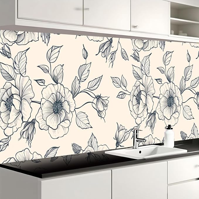 Nuxovilar White Grey Botanical Textured Peel and Stick Wallpaper, 15.75"x39.37", Self-Adhesive Contact Paper, Elegant Floral Pattern for Bedroom, Living Room and Table Decor