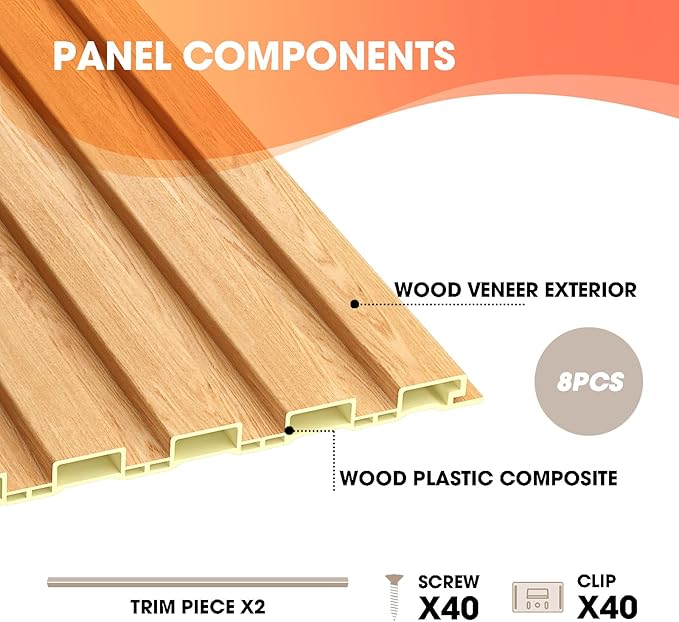 OUZUGIE WPC Acoustic Slat Wall Paneling, 8-Pack 96 x 6 Inches 3D Wall Panels for Interior Wall Decor,Living Room,TV Background,Study Room,Office Spaces,Bedroom,Low Grille (Oak)