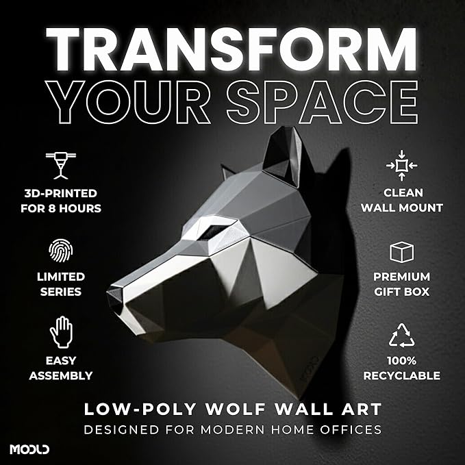 MODLD ‘The Howler’ – 3D Printed Geometric Wolf Head Wall Sculpture | Modern Faux Taxidermy Animal Living Room Decor, Bedroom Decor, Office | Unique Gift Idea | Wall Art for Living Room