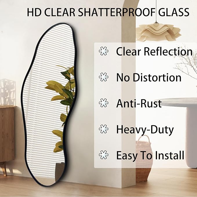 Black Irregular Mirror, 47"x20.5" Asymmetrical Mirrors, Abstract Wall Mirror Decorative, Modern Wavy Shaped Mirrors for Living Room Bathroom Bedroom Hallway Entryway Fireplace