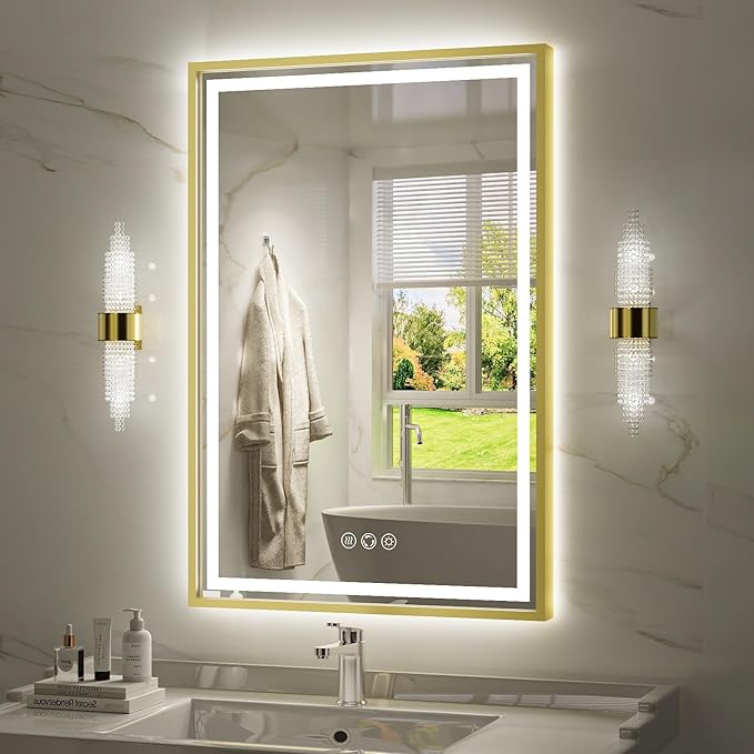24X36 Inch Led Bathroom Mirror,Frontlit & Backlit Lighted Mirror,Gold Metal Frame Vanity Mirror for Wall,Double Lights Strips,Anti Fog Stepless 3 Colors Temperature & Dimmable