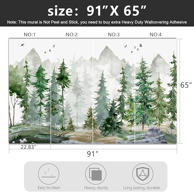 -Green Cartoon Pine Forest Nursery Fabric Wallpaper for Boys and Girls Children's Bedroom Living Room Woodland Plants Large Wall Mural- 91"x65"（ not Peel and Stick）