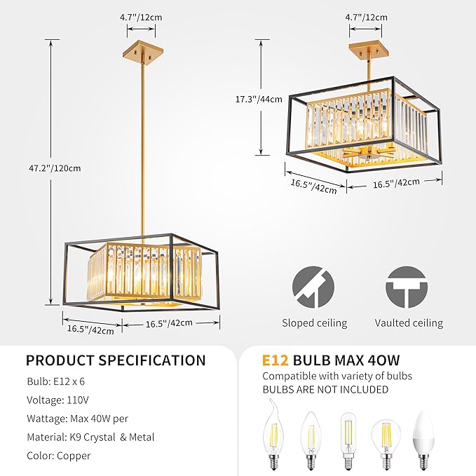 6-Light K9 Crystal Chandelier, Modern Style Pendant Light Fixture for Dining Room, Living Room, L16.5*W16.5*H17~47 inch (Adjustable Height), Gold & Black Finish Frame