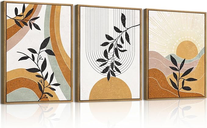 BINCUE Boho Line Wall Art Abstract Plant Wall Decor Mid Century Artwork for Living Room Bedroom Office 12"x16" Set of 3