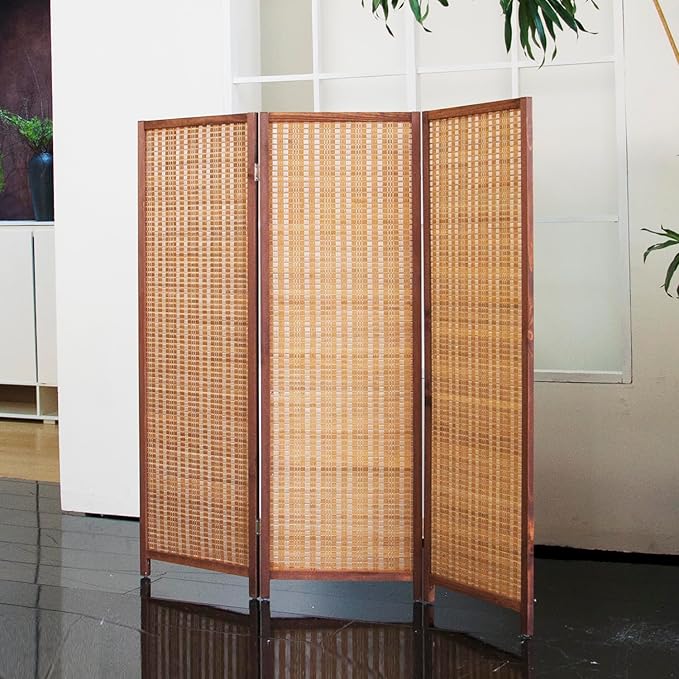 3 Panel Short Room Divider Folding Screen,47 inch Bamboo Panel Divider for Home Partition,Brown