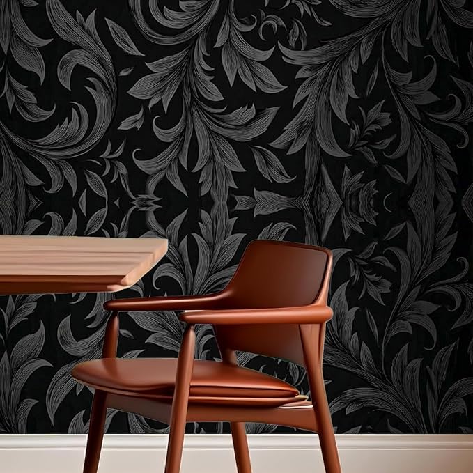 Nuxovilar Black Damask Floral Textured Peel and Stick Wallpaper, 15.75"x39.37", Self-Adhesive Contact Paper, Vintage Elegant Pattern for Bedroom, Living Room and Table Decor