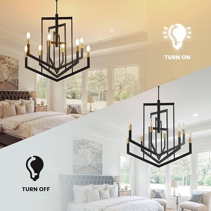 Black and Gold Chandelier,8-Light Modern Geometric Pendant Light Fixtures,Rustic Industrial Foyer Lighting Fixtures, Large Foyer Chandeliers for High Ceilings, Farmhouse Chandelier for Entryway