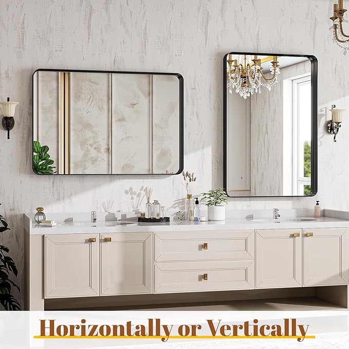 Bathroom Mirror Vanity for Over Sink Wall Mirror - 30x48 Inch Rounded Corner Rectangle Aluminum Frame Mirror,Hangs Horizontally or Vertically for Living Room Bedroom or Entryway Black