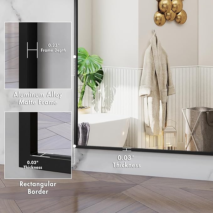 Matte Black Framed Bathroom Mirror, 60x28 Inch Rectangular Vanity Mirror, Large Rectangle Wall Mirror, Anti-Rust, Tempered Glass, Shatter-Proof, Easy to Install Vertically or Horizontally